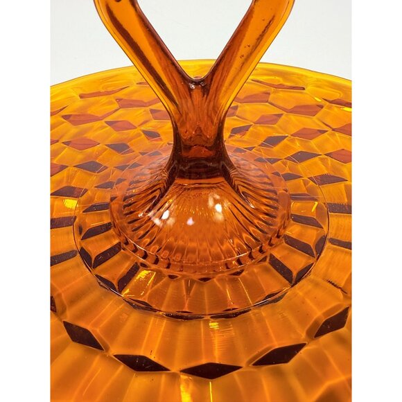 Amber Serving Tray With Handle | Indiana Colony Cubist Bube Diamond Pattern 12" - Picture 7 of 16